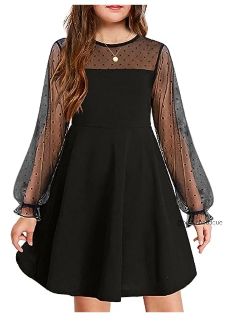 Girls Mesh Puff Long Sleeve Party Dress with Pockets